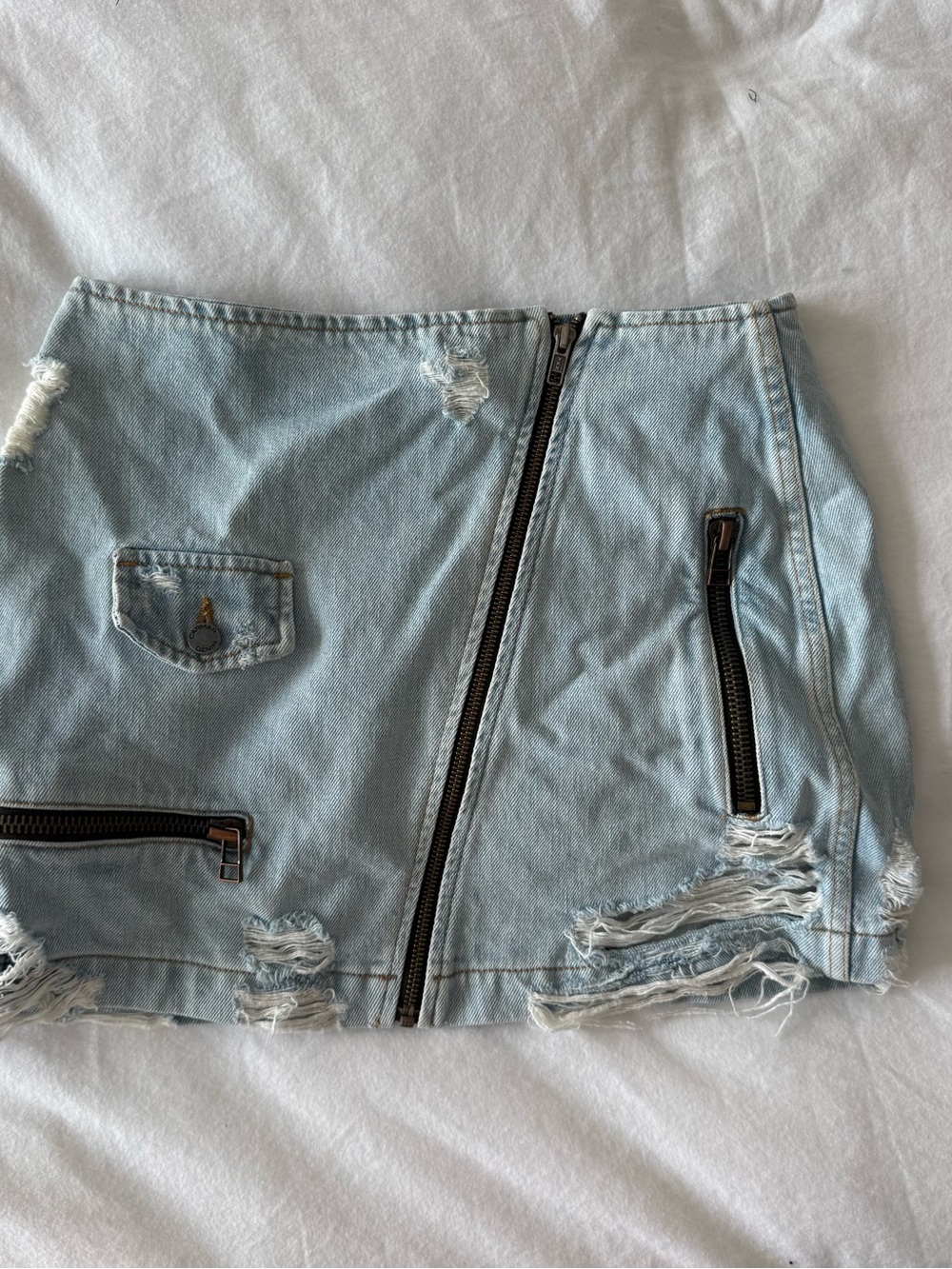 Carmar Light Blue Distressed Denim Mini Skirt with Front Zipper